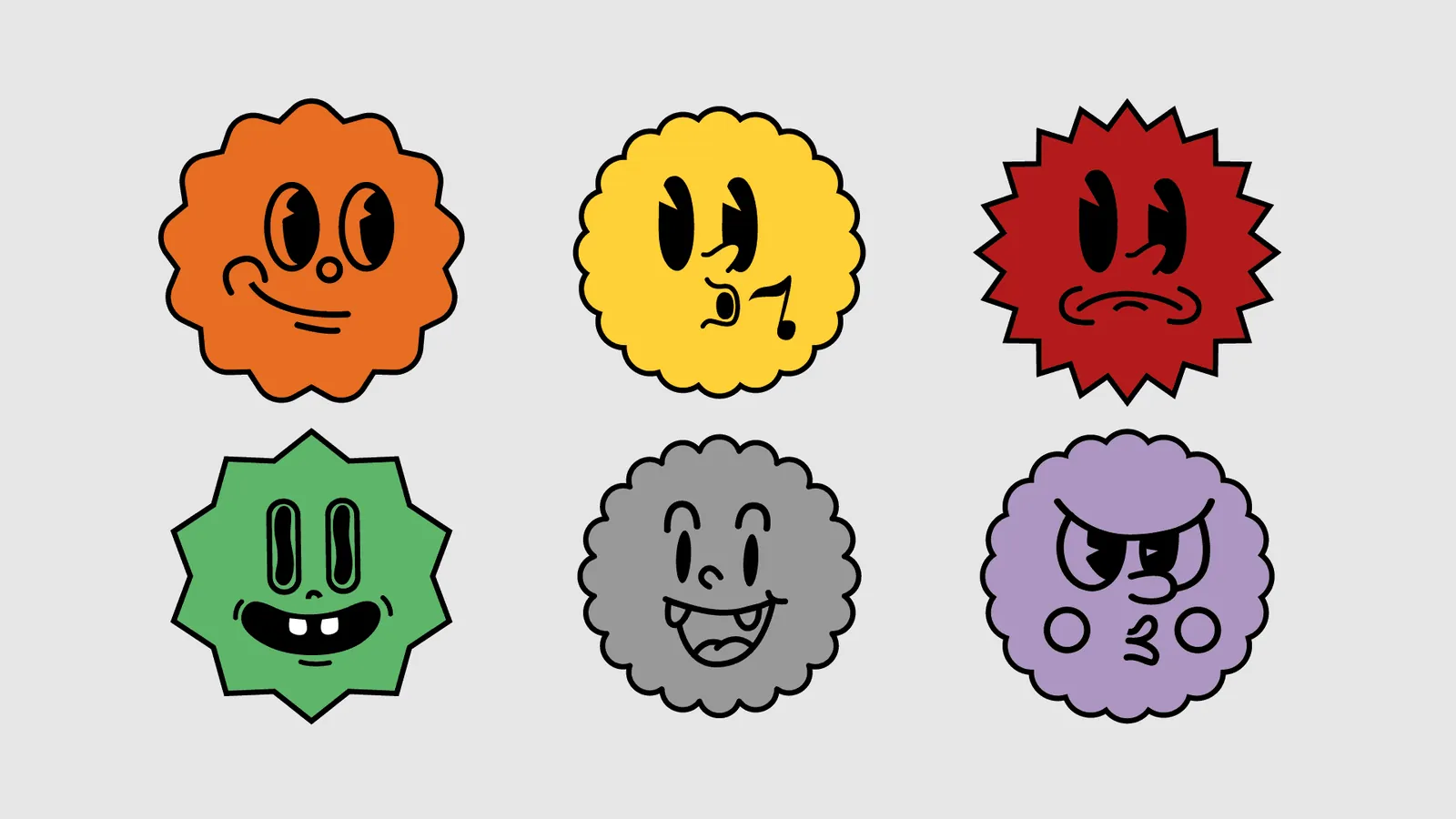 Seis carinhas ilustradas em selos coloridos, personagens de apoio da identidade da Alho Burger