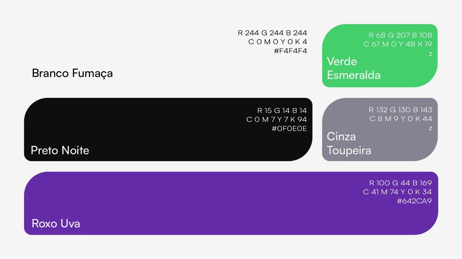 Paleta da Evo Print: roxo uva, verde esmeralda, preto noite, cinza toupeira e branco fumaça