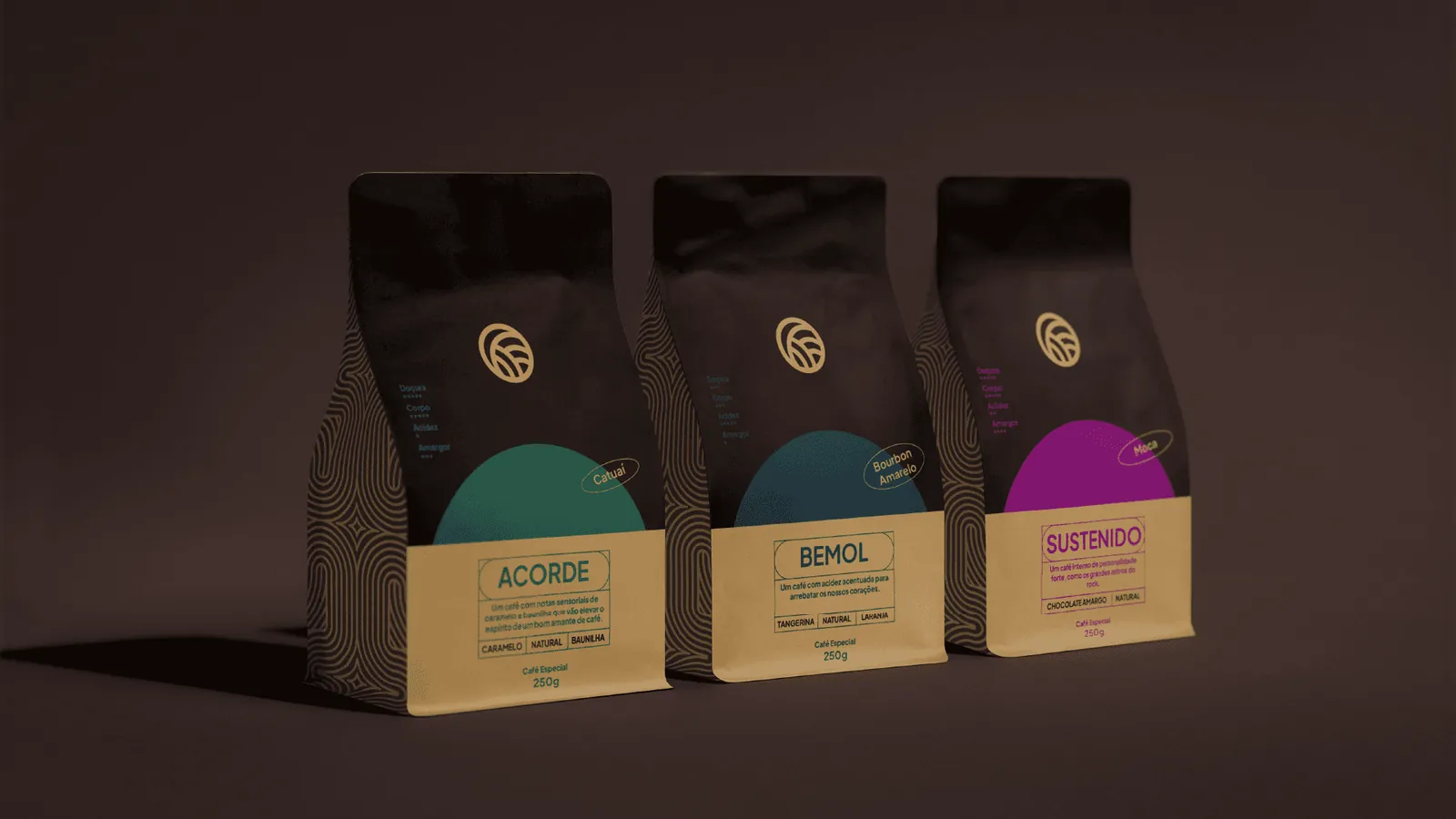 Três embalagens de café da Clave: Acorde, Bemol e Sustenido